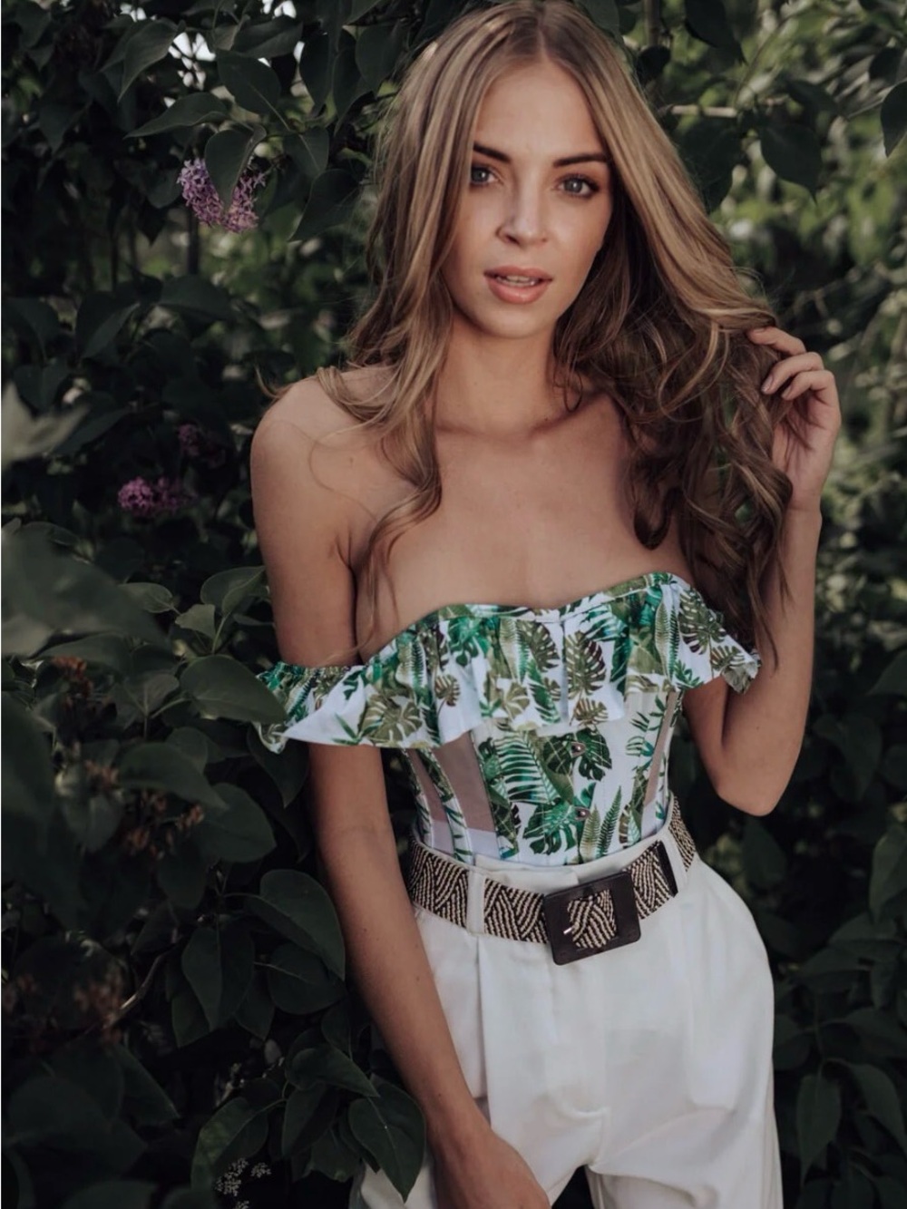 Tropical Off-Shoulder Leaf Print Corset Crop Top - Green